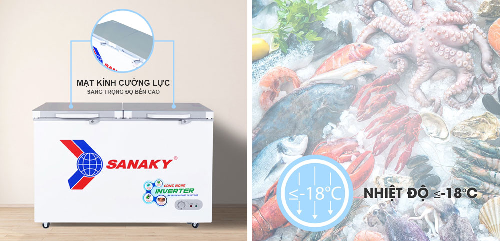 Tủ đông mặt kính cường lực ngăn đông mềm Sanaky